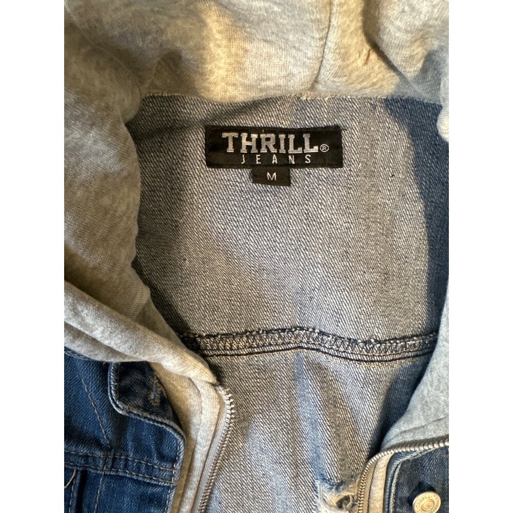 Distressed Denim Jacket With Gray Hoodie Layer By Thrill Jeans Medium Size Casua - Picture 2 of 5